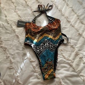 PrettyLittleThing blue chevron tribal high leg swimsuit